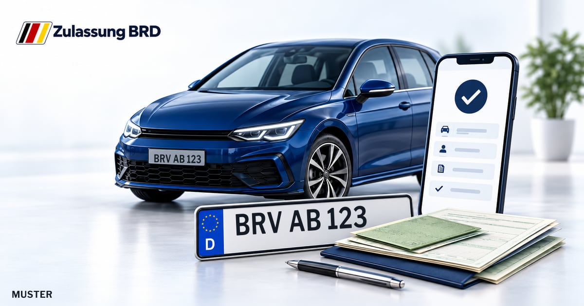 Online Fahrzeugzulassung in Landkreis Rotenburg (Wümme): Musterkennzeichen BRV AB 123, Auto und Fahrzeugpapiere und Smartphone. Illustration mit Logo von Zulassung BRD.